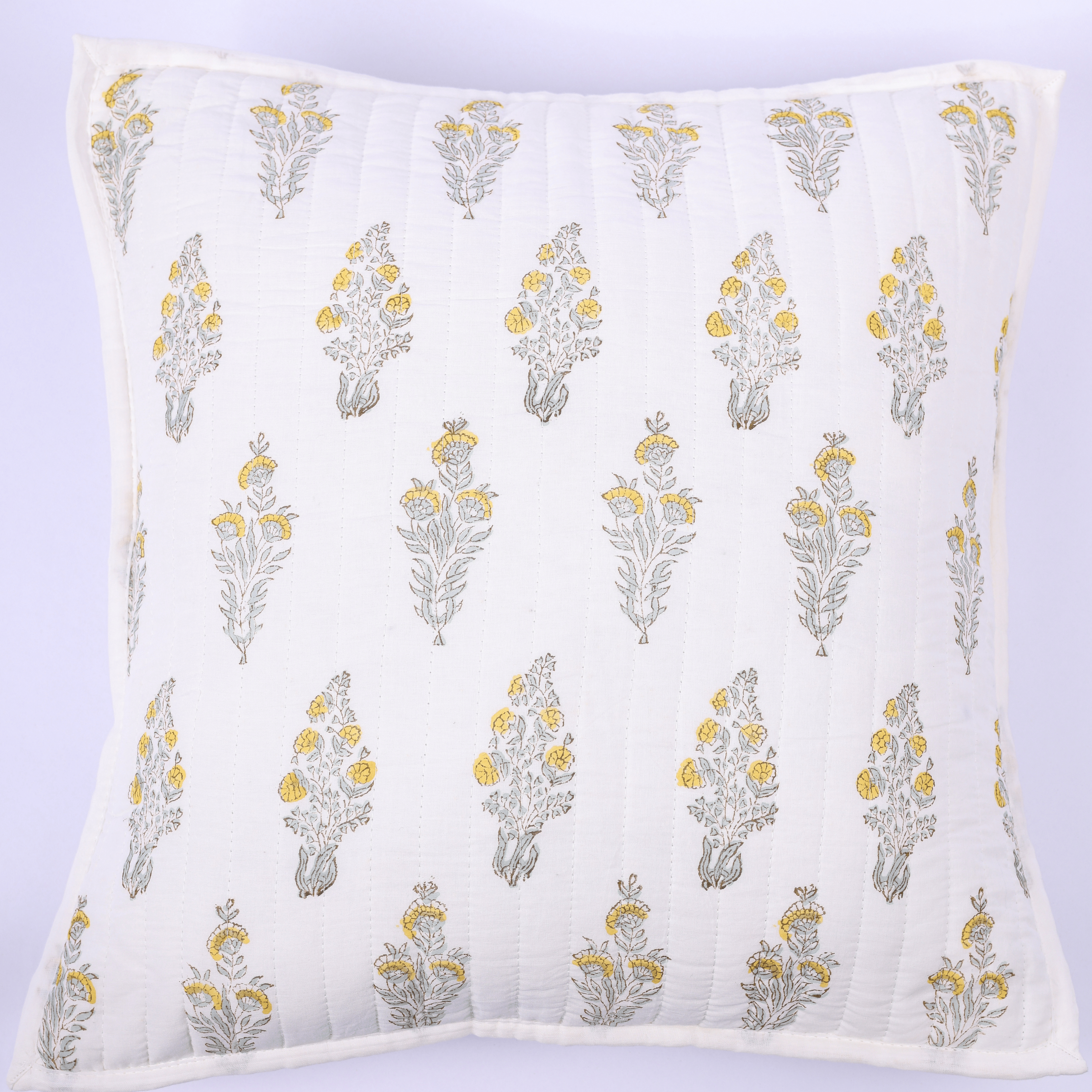 Handcrafted cotton cushion cover with yellow floral design