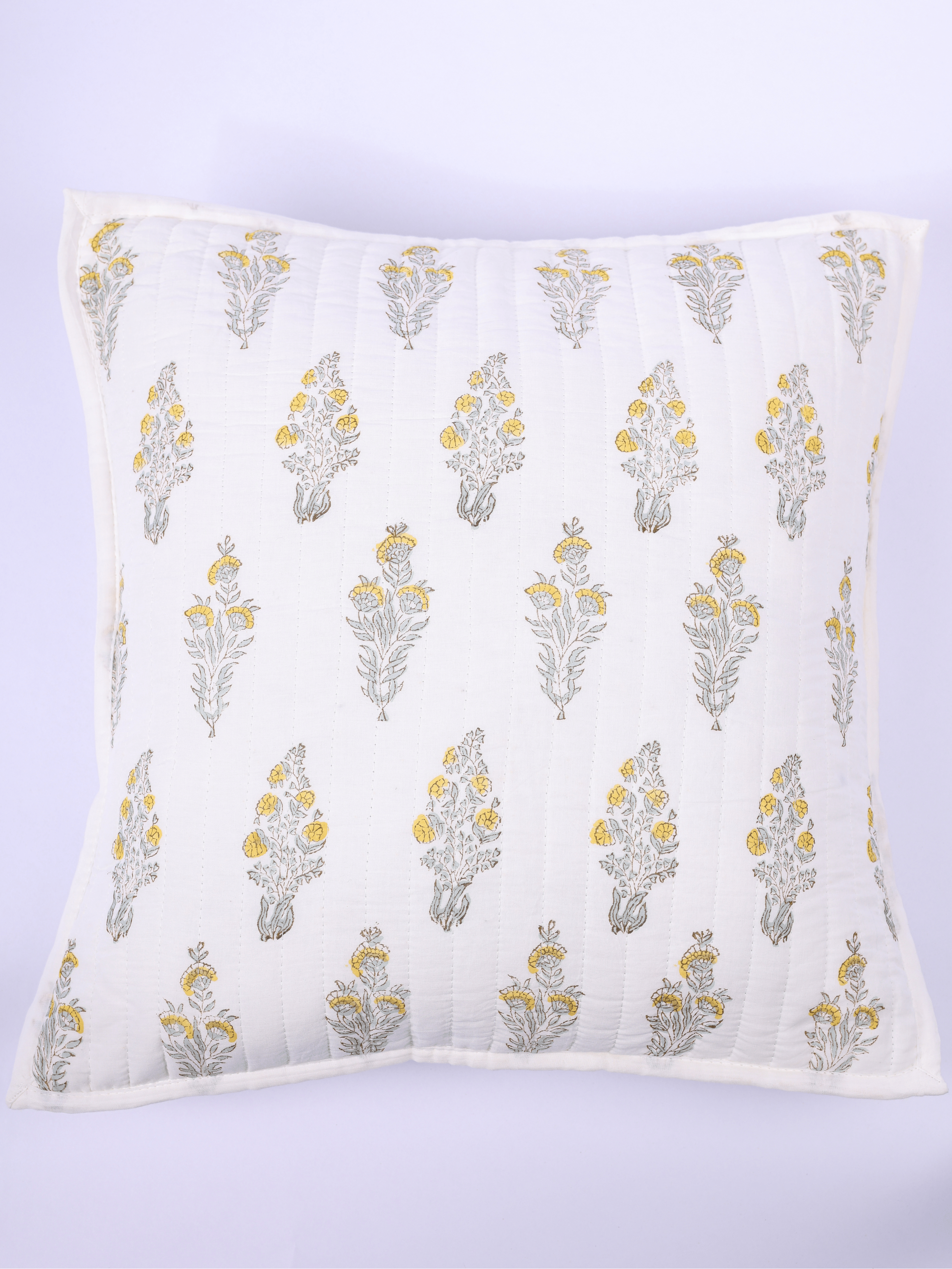 Handcrafted cotton cushion cover with yellow floral design
