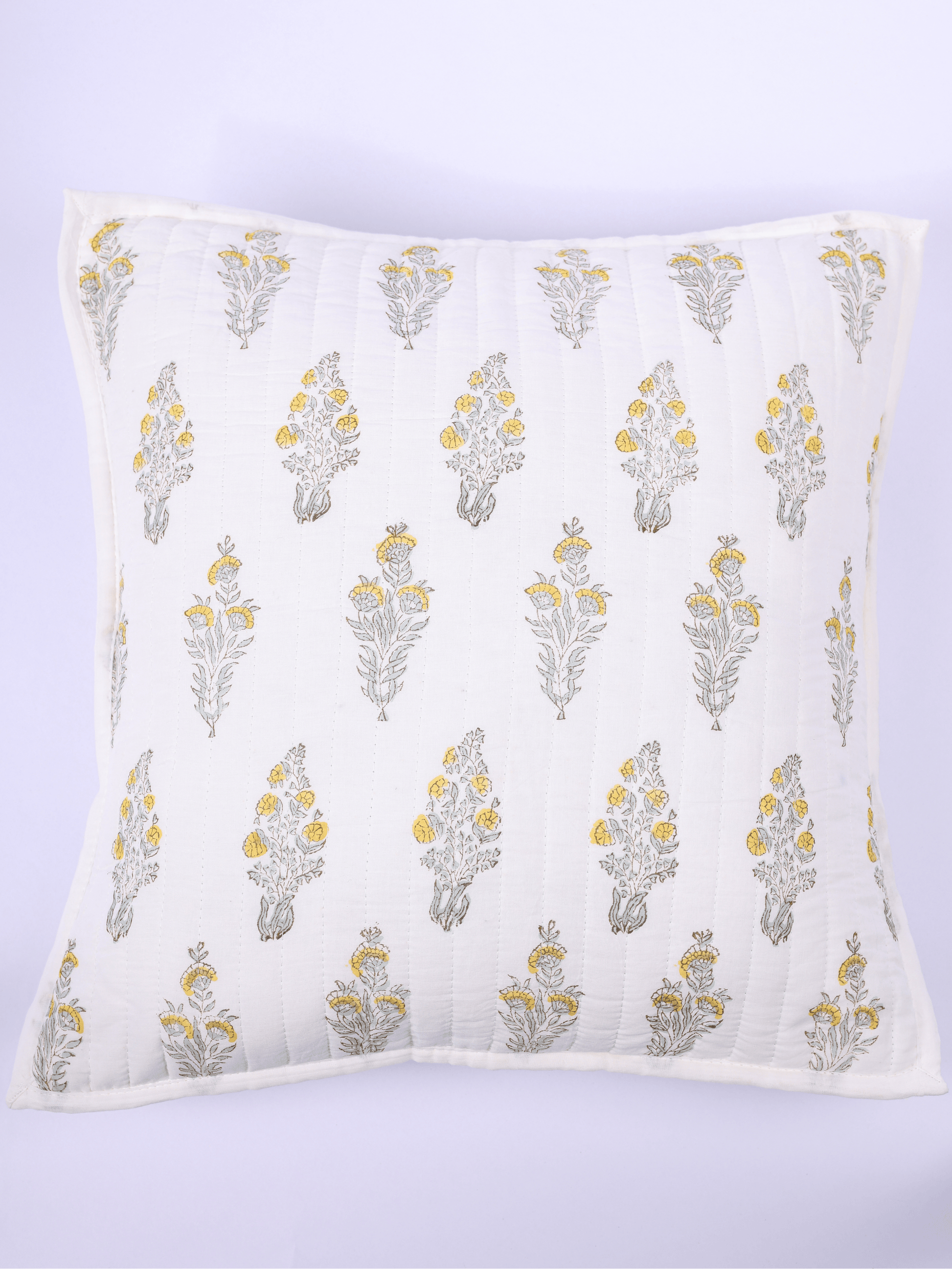 Handcrafted cotton cushion cover with yellow floral design