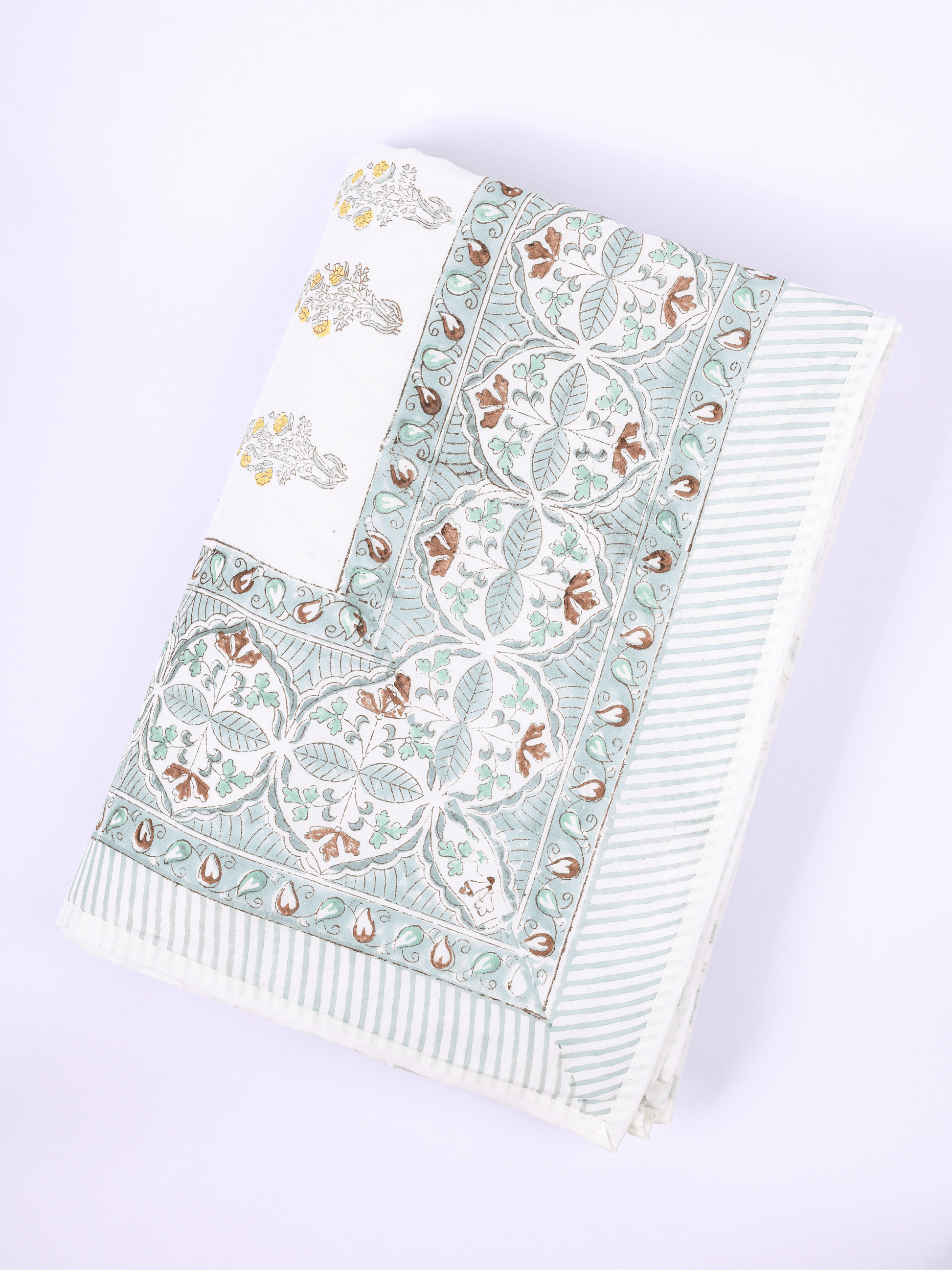 Thin cotton summer blanket with green chevron and floral print