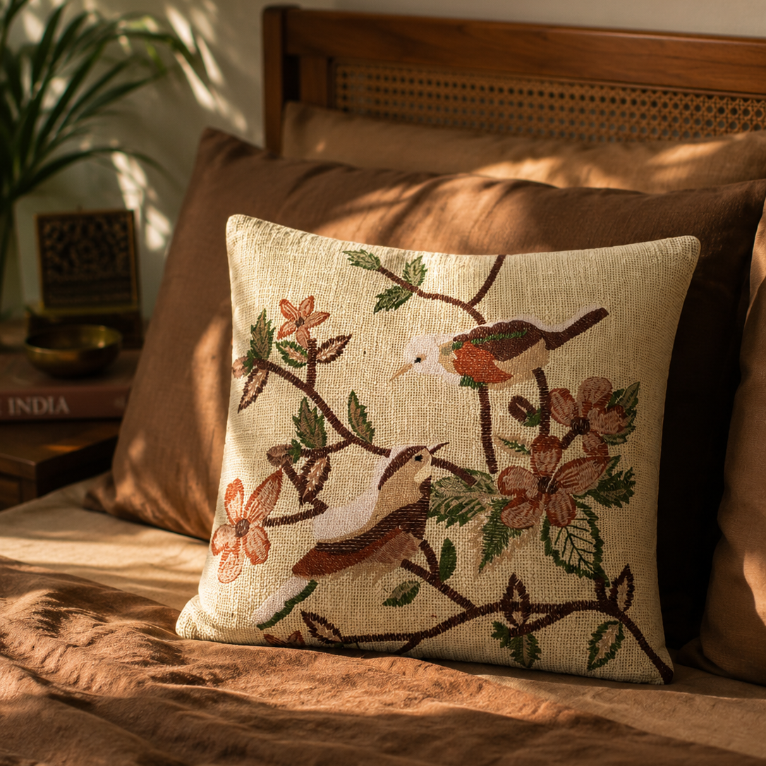 A square decorative cushion cover with a detailed embroidered design of birds and flowers on a beige jute background, styled on a bed with brown bedding and wooden headboard in warm natural light.